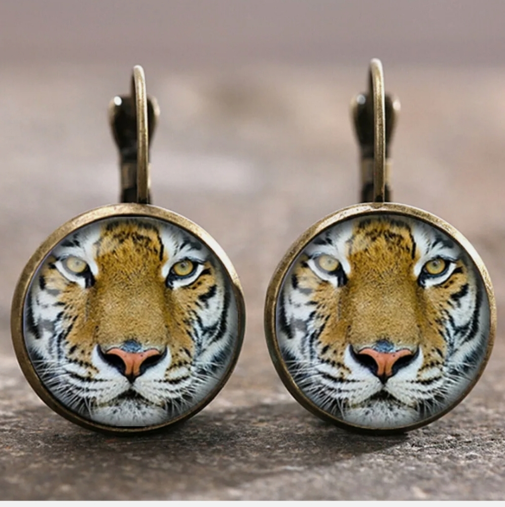 New Tiger Glass Cabochon Bronze Earrings